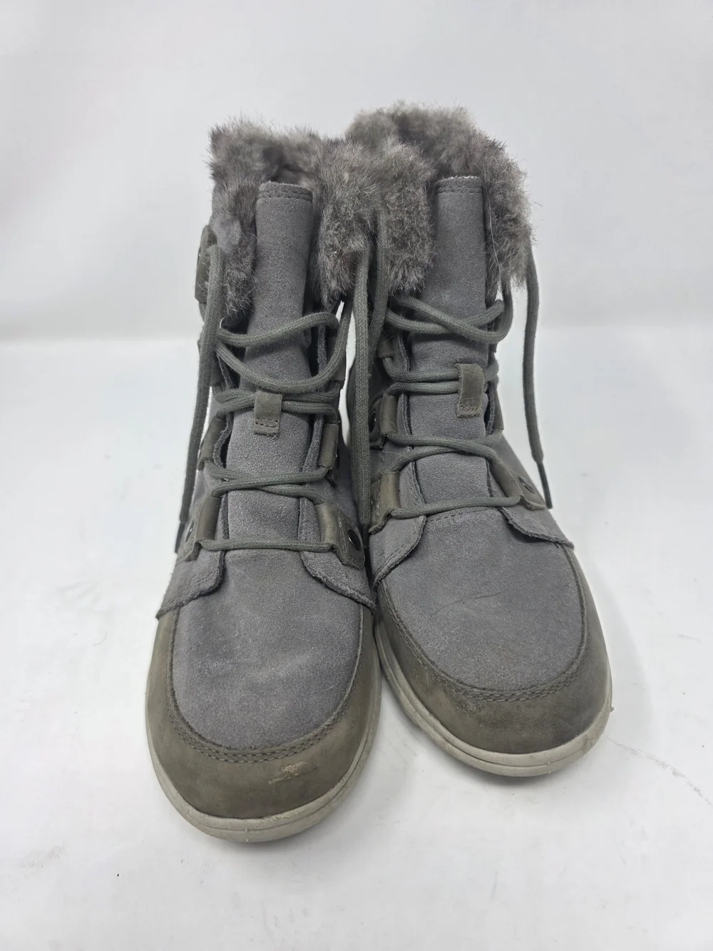 SOREL Whitney Short Lace Waterproof Boots Womens 8 Grey Faux Fur Winter